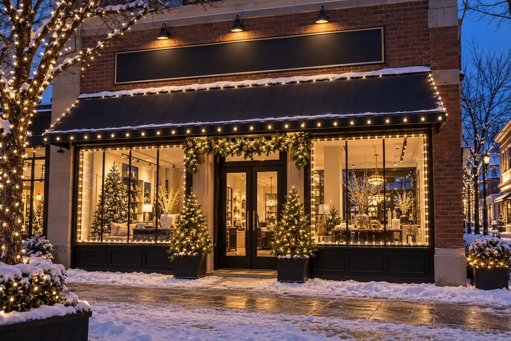 Brick storefront with warm white lights along the awning and windows, lit garland, and potted evergreens