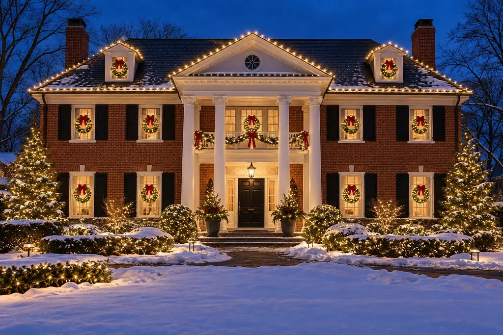 Georgian brick colonial with lit rooflines, red-bow wreaths in every window, and snow on the lawn