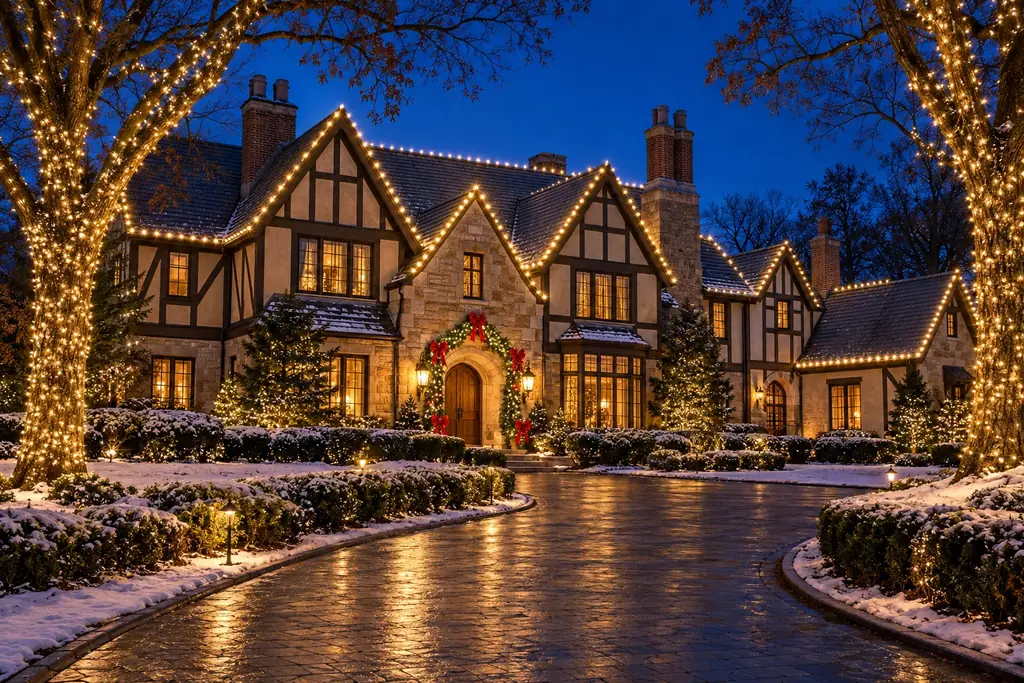 Tudor-style estate with warm white Christmas lights outlining every gable, wrapped trees, and a snowy curved driveway at dusk