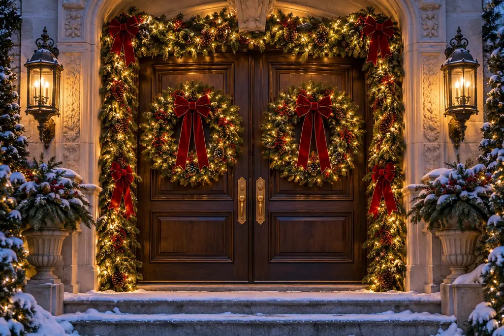 Grand limestone doorway framed in lit garland with red-bow wreaths on both front doors