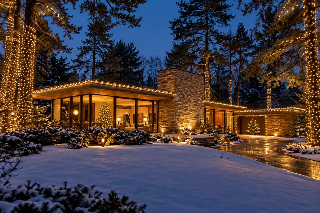 Mid-century modern home with lit rooflines and tall pines wrapped in warm white lights