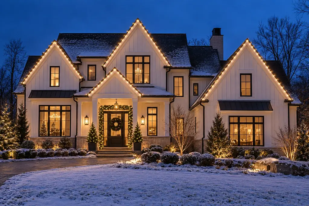 White modern farmhouse with warm white Christmas lights tracing every gable and a lit garland around the front door