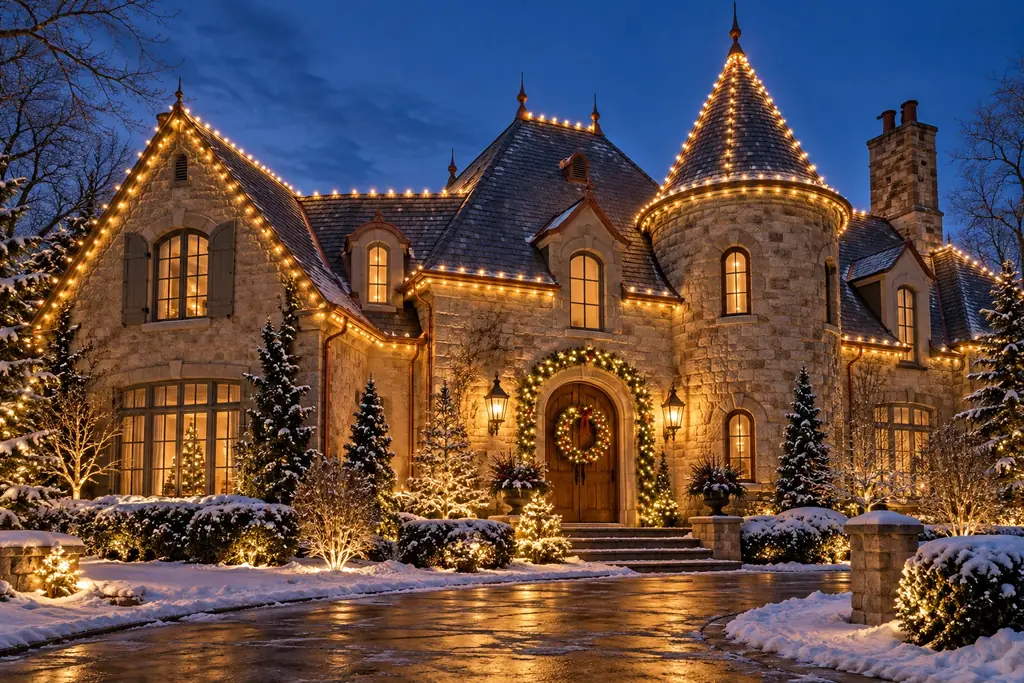 French Normandy home with a stone turret, every roofline outlined in warm white lights, on a snowy evening