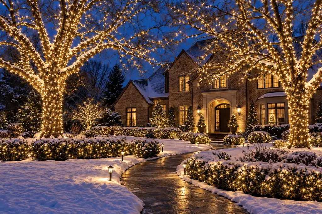 Large trees wrapped branch by branch in warm white lights beside glowing hedges and a stone home